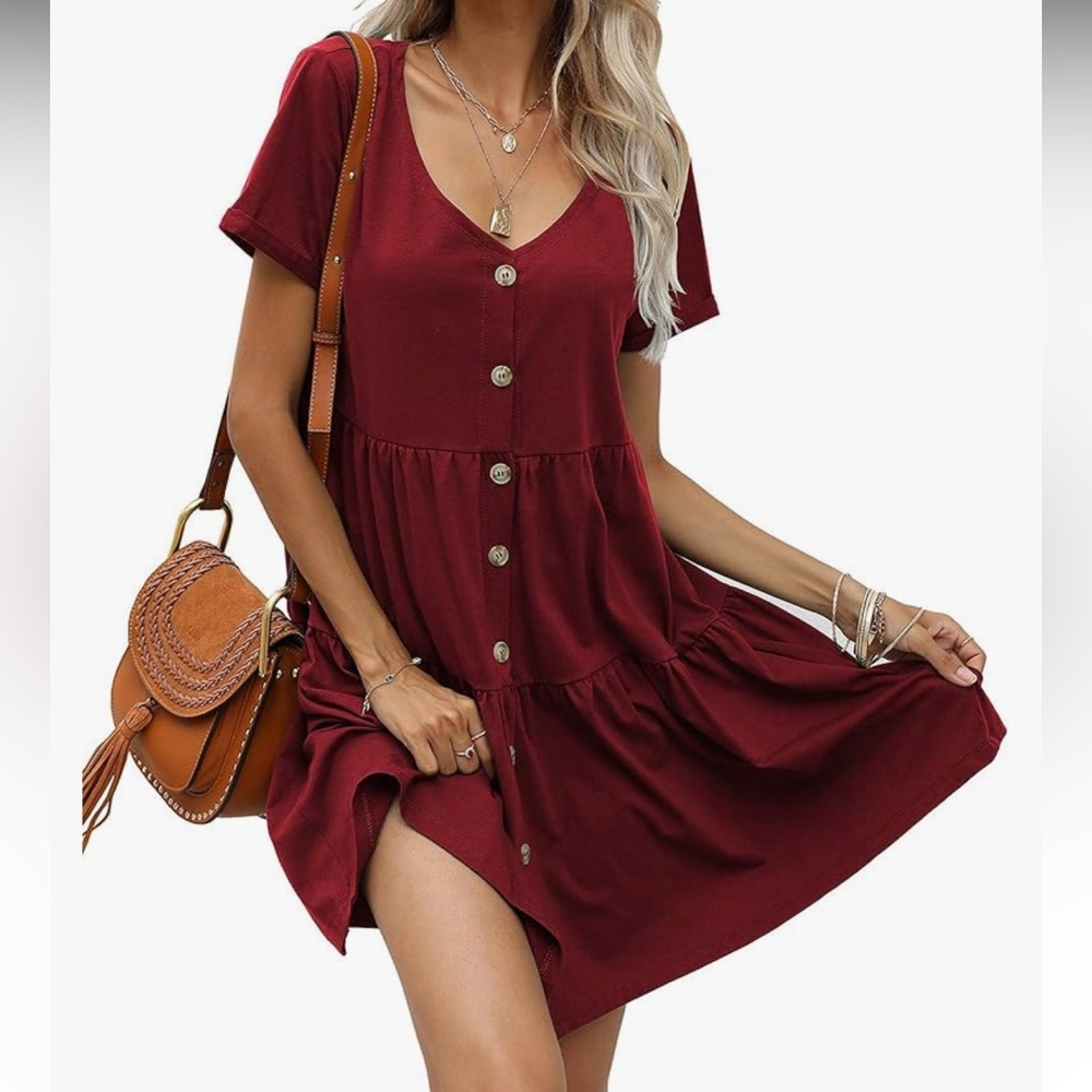 Short Sleeve Mini Dress Button Down Casual Loose Swing Babydoll Dress | Size L